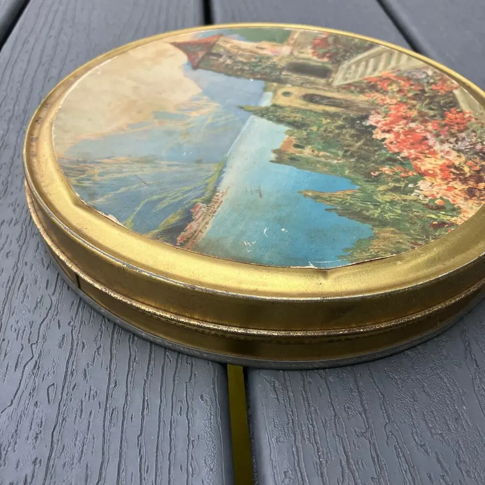 Vintage castlecore renaissance round storage tin, fairycore cottagecore